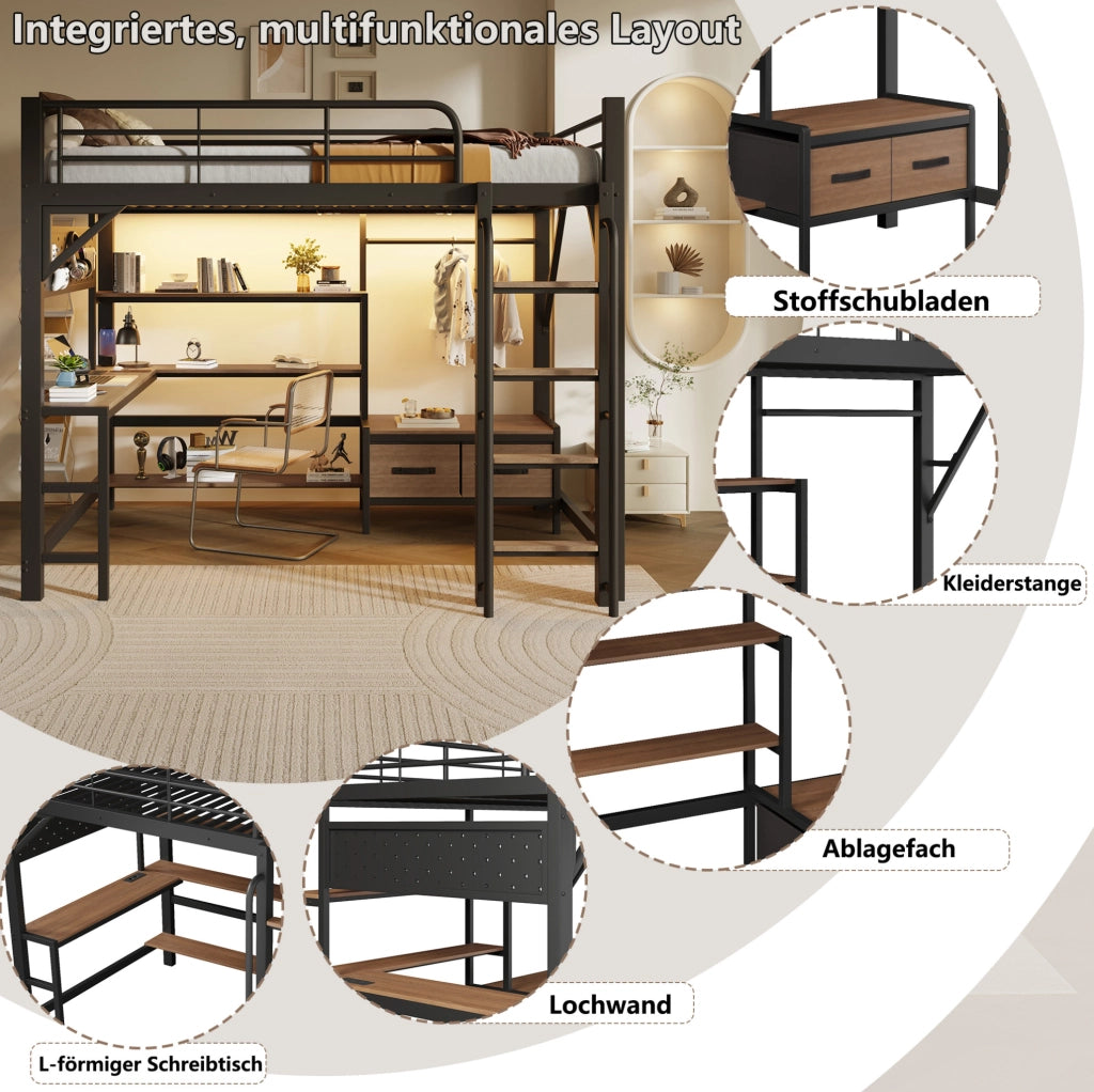 Letto a soppalco 140x200 cm con scrivania; ripiani; cassetti in tessuto; LED e USB; nero