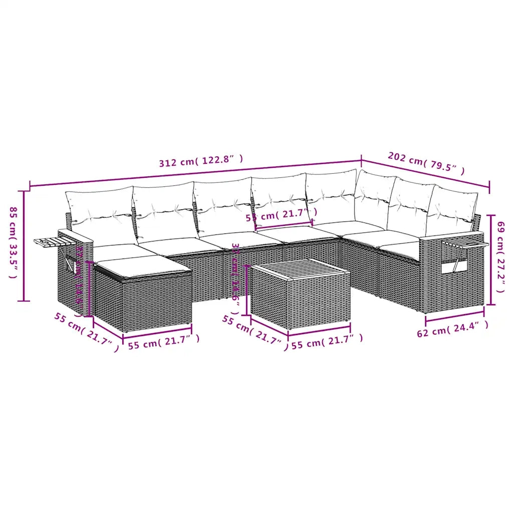 Set Divani da Giardino 9 pz con Cuscini Grigio in Polyrattan