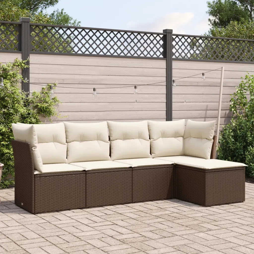 Set Divano da Giardino 5 pz | Set Salotto da Giardino con Cuscini Marrone in Polyrattan
