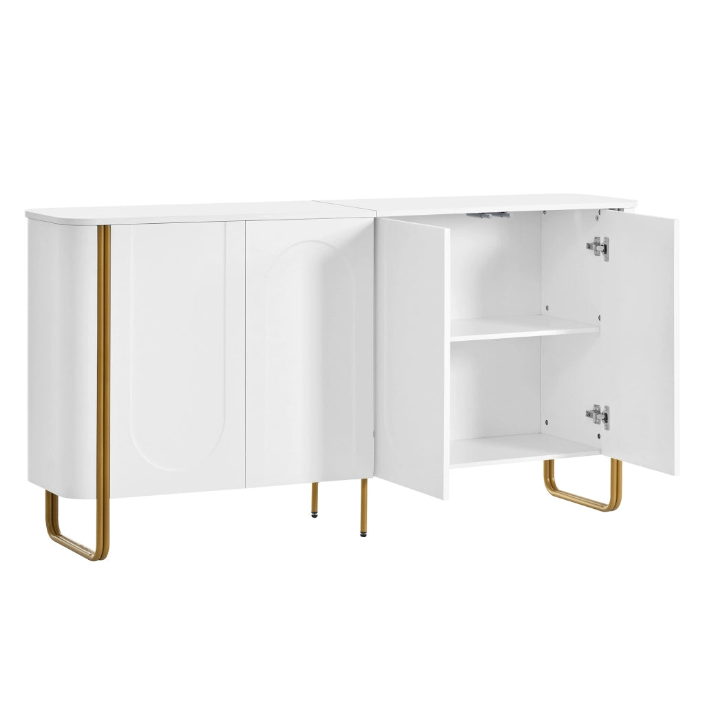 Sideboard in MDF Weiß mit Bogenrelief, 4 Türen, Eisenfüße, 160x35x80,5 cm