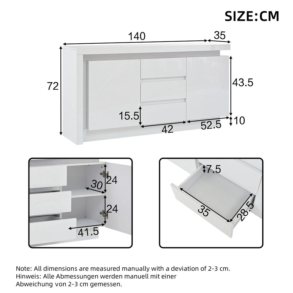 Cassettiera con Ante e LED ¨C MINIMAL ¨C Bianco Lucido, 3 Cassetti, 140x35x72