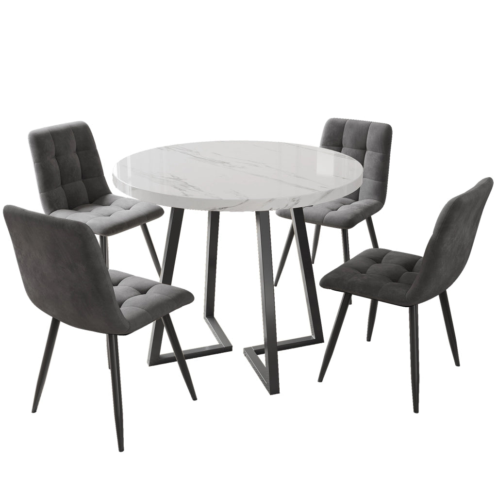 Tavolo da pranzo rotondo per 4 persone set da 5 pezzi con 4 sedie in velluto, piano effetto marmo, 80 cm