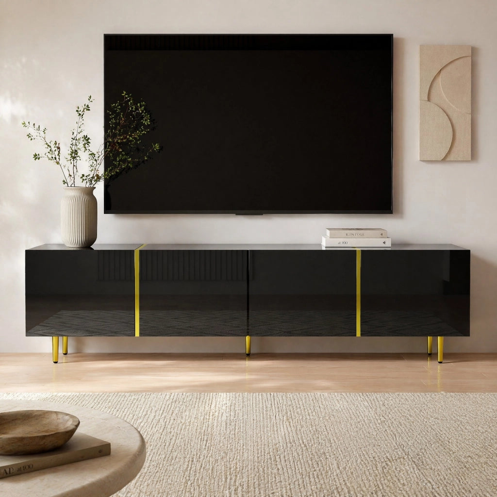 Mobile TV moderno in MDF nero lucido con 4 ante e dettagli oro; 170x35x46 cm