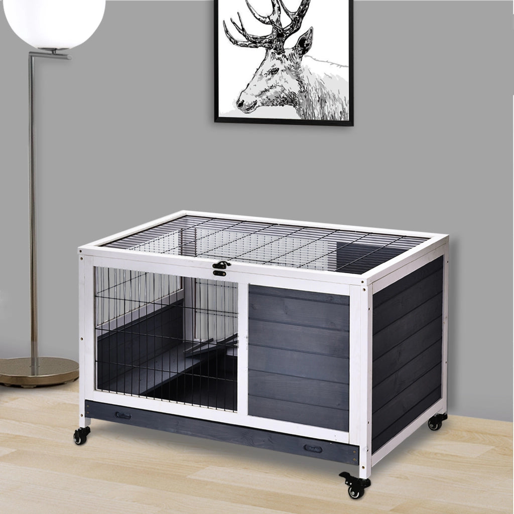 Gabbia conigli da esterno ¨C Xylo ¨C Legno con tetto apribile, ruote e rampa 90x53x59cm grigio scuro