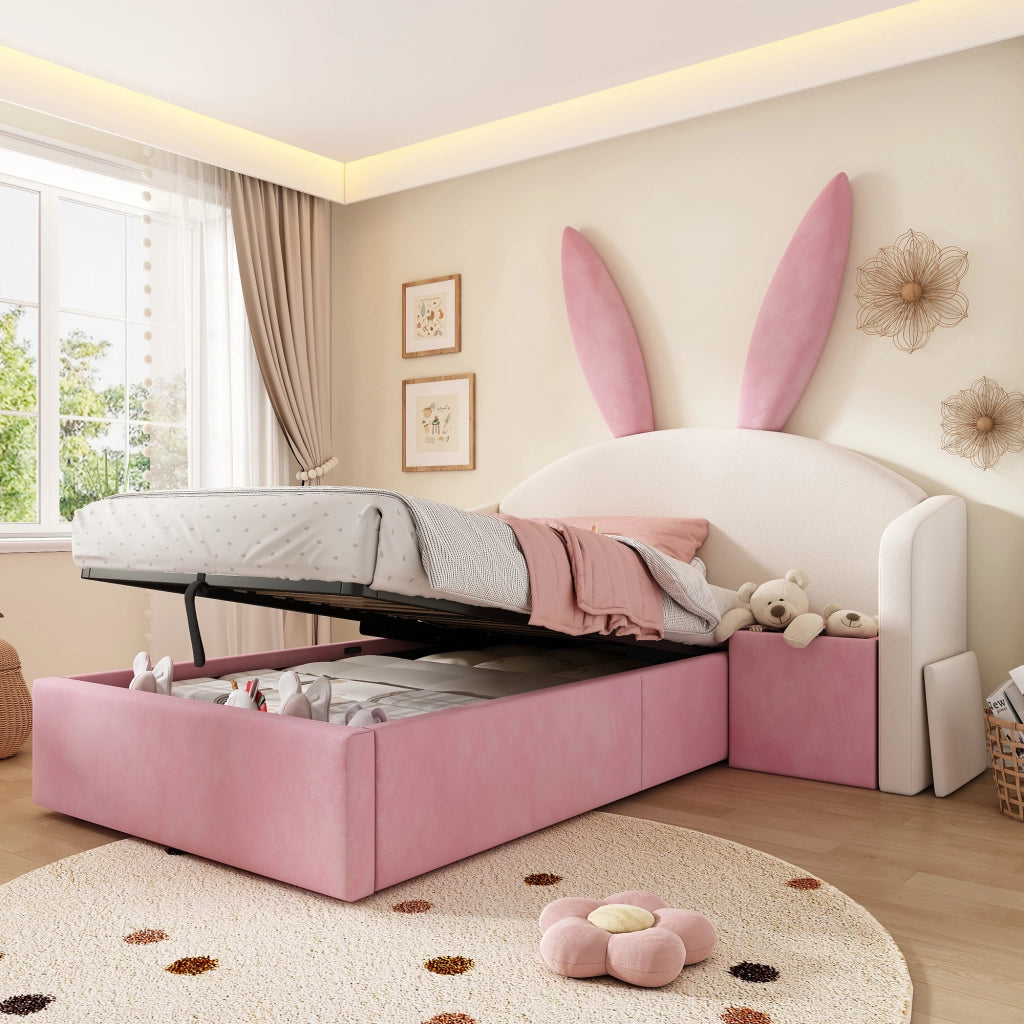 LETTO 90x200 cm in velluto beige e rosa con comodino laterale