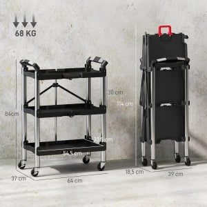 Carrello Portautensili Pieghevole 64x37x84 cm Nero a 3 Livelli con 4 Ruote e Portata 68 kg