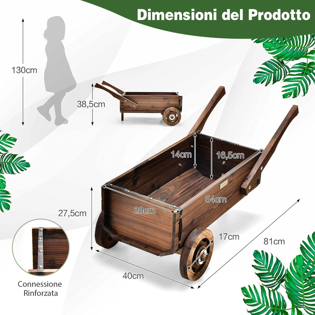 Fioriera da Esterno in Legno a Forma di Carrello, Carriola Portafiori con Ruote, Maniglie, Foro di Drenaggio, Carrello Decorativo da Interno ed Esterno, per Giardino, Patio e Balcone