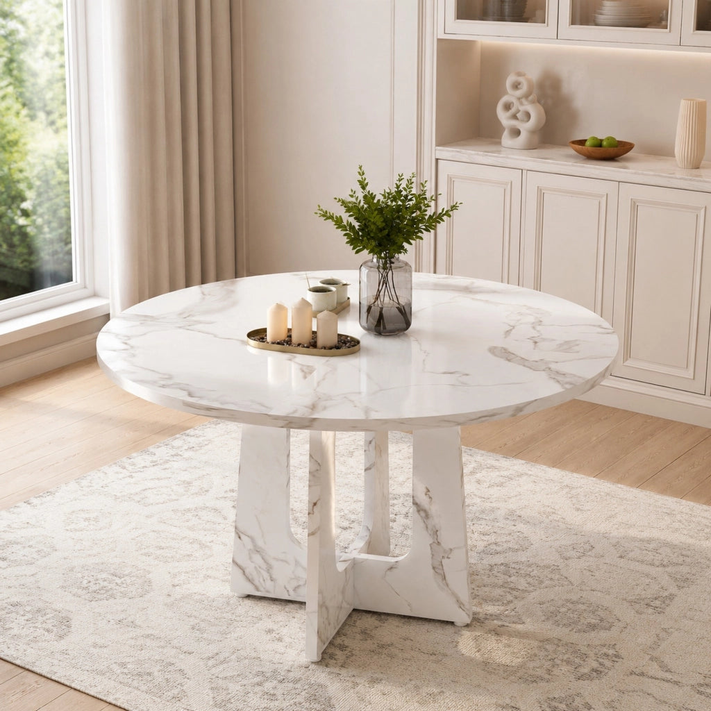 Tavolo da pranzo rotondo ? 120 x H 76 cm in MDF effetto marmo bianco