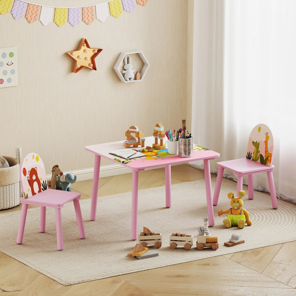 Set Tavolo e Sedie per Bambini 3-8 Anni Disegni di Animali e Bordi Arrotondati in MDF e Legno di Pino Rosa