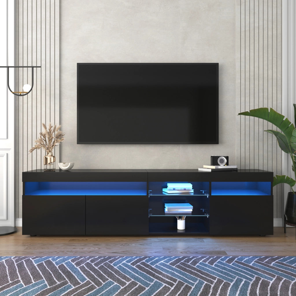 Mobile porta tv moderno con LED variabile, pannello lucido in MDF e vetro laminato nero 180 × 35 × 48 cm
