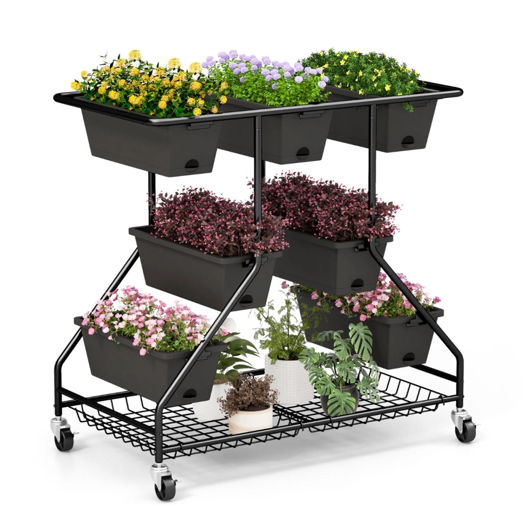 Letto da giardino verticale sollevato con 7 vasi, Portavasi verticale a 3 livelli con cestini portaoggetti fori Nero-Scaffali per piante