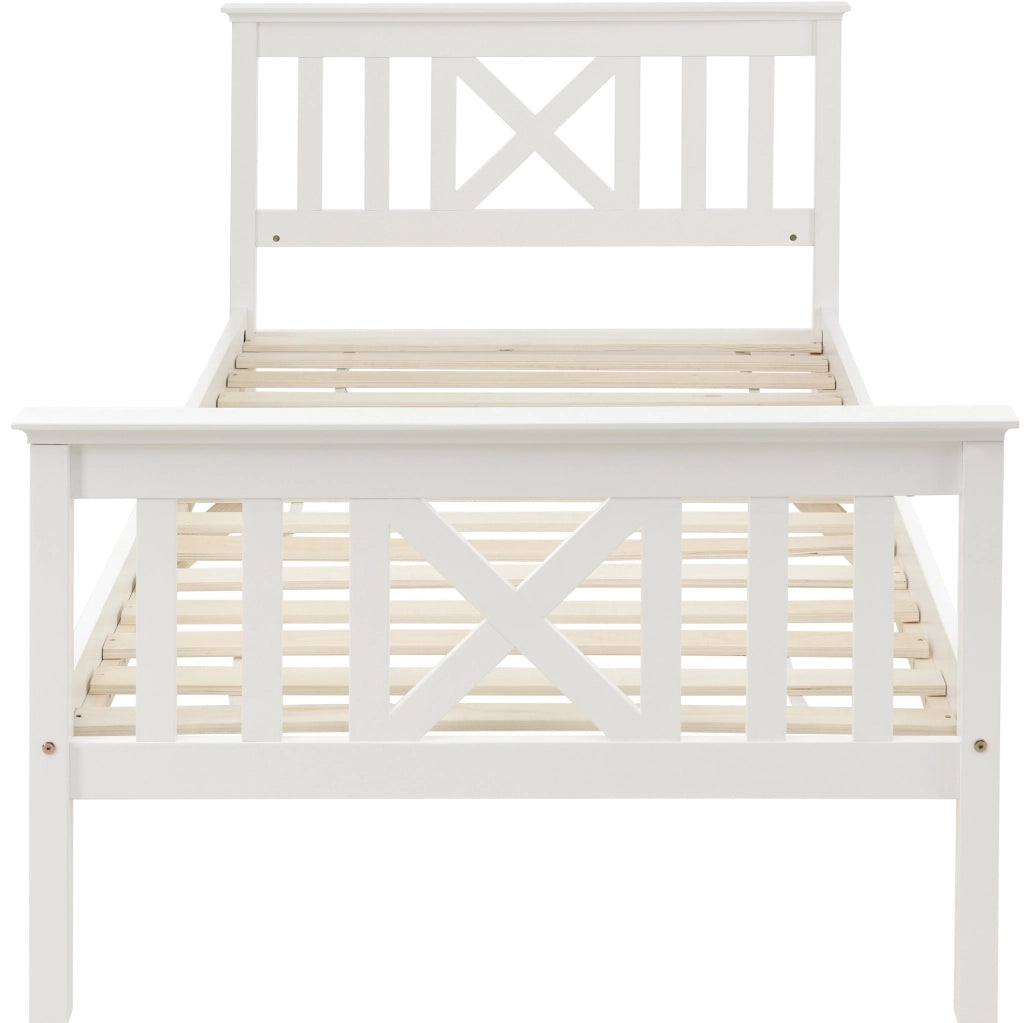 Letto singolo 90x200 cm con testiera a X e spazio contenitore; legno; bianco (Senza materasso)
