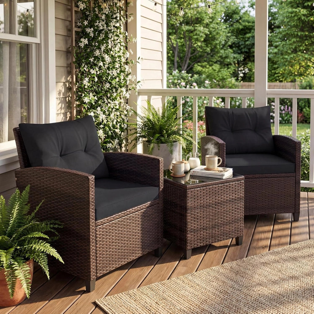 Set di Mobili da Giardino, in Rattan, 3 Pezzi Mobiletti, 1 Tavolino + 2 Poltrone, Salottino da Esterno, con Cuscini per Balcone, Giardino, Cortile, Terrazza, 3 Colori (Nero)