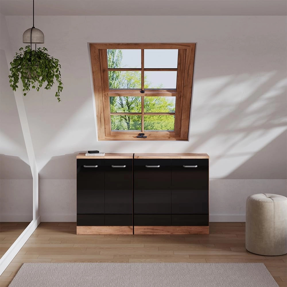 Set di mobili sottotetto Rion, Nero lucido, 140 cm Set di 2 carcasse armadio profondità 60 cm, adatto per il salvaspazio sotto tetti spioventi