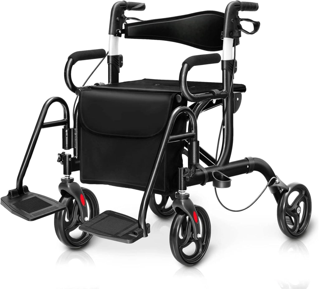 Deambulatore 2 in 1 per Anziani in Alluminio, Rollator Pieghevole e Regolabile in Altezza con Sedia, Schienale Reversibile, Manici Regolabili, Ruote, Poggiapiedi e Borsa Rimovibile (Blu)