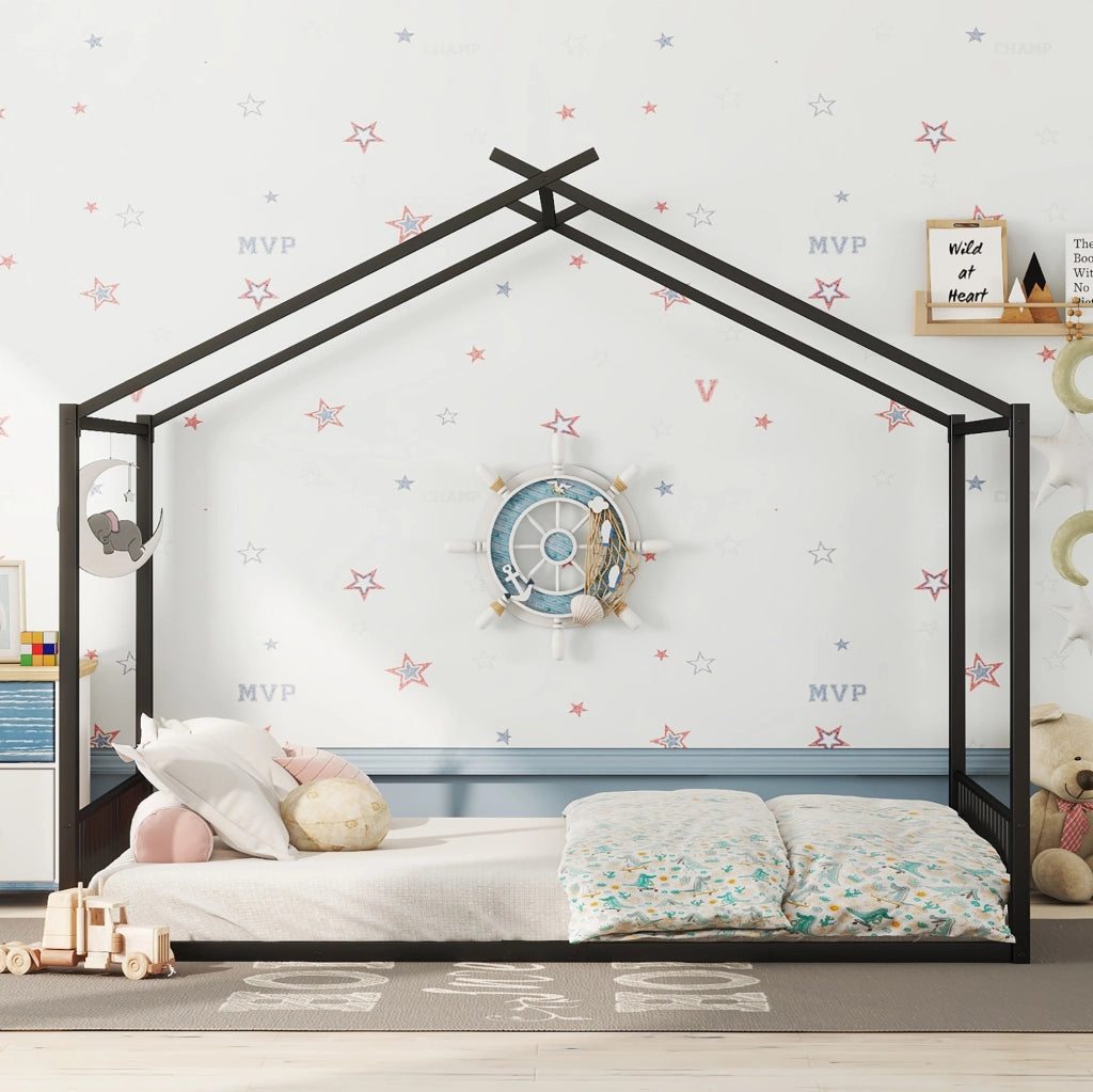 Letto bambino 140x200 cm a casetta; struttura robusta in metallo; nero
