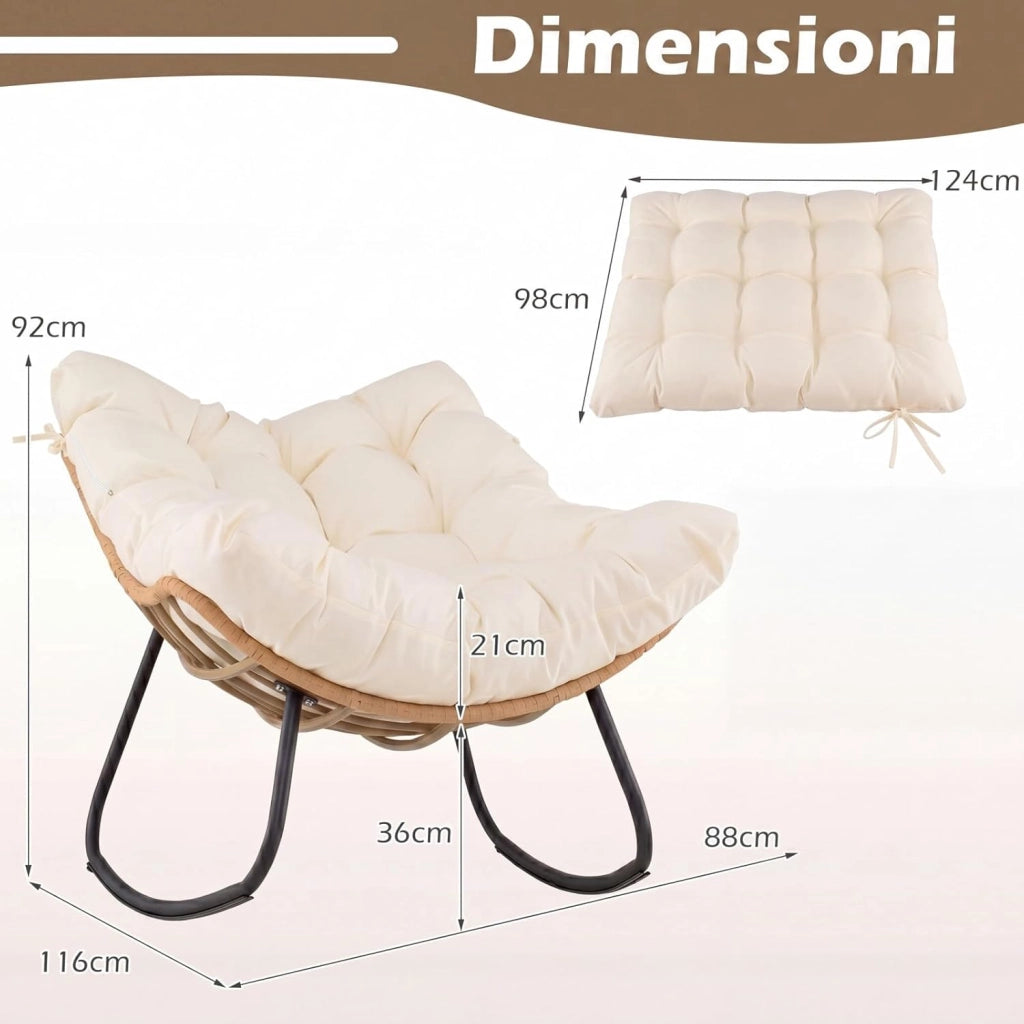 Sedia a Dondolo da Interno ed Esterno, Poltrona a Dondolo con Cuscino Rimovibile, Poltrona Relax in Rattan con Struttura in Metallo per Soggiorno, Cortile e Giardino, Portata 140 kg (Bianco)
