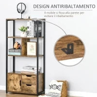 Mobile Libreria con 3 Ripiani, Armadietto e 2 Cassetti, in Truciolato e Metallo, 58x24x122 cm