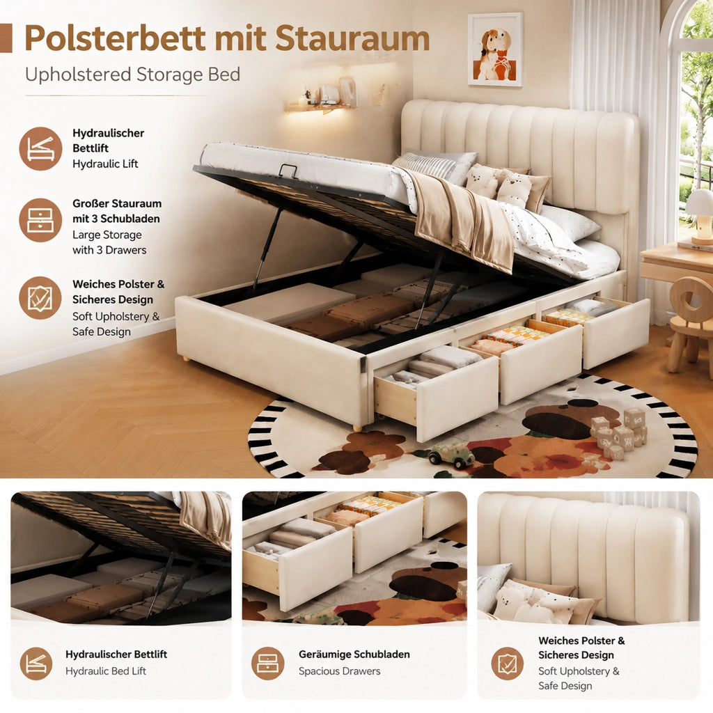DESMIU letto contenitore bambino 140 × 200 cm 1 posto con 3 cassetti, LED, senza materasso, in velluto beige