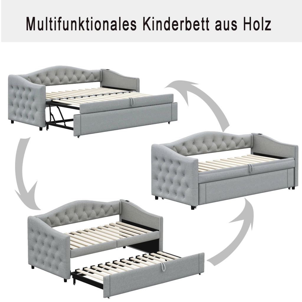 Letto divano 90 × 200 cm con porta USB, letto estraibile, senza materasso, in tessuto effetto lino, grigio