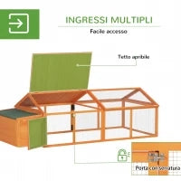Pollaio da Giardino per 4-8 Galline in Legno con Rete Metallica e Tetto Apribile, 240x112.5x76 cm, Arancione