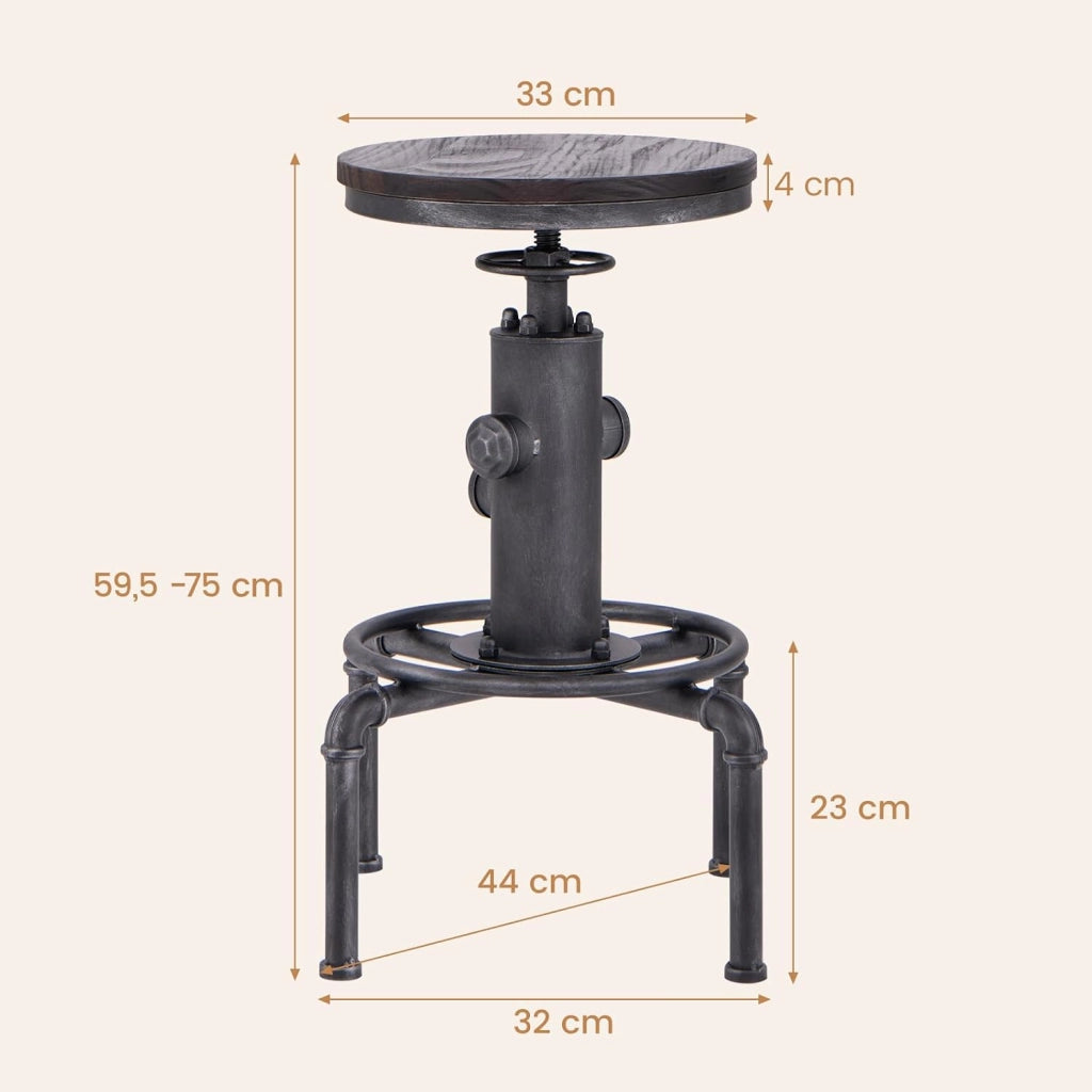 Sgabelli da Bar Industriale Girevole 360°, con Poggiapiedi, Sgabello Cucina Seduta Tonda Altezza Regolabile 60-75 cm, in Ferro e Pino (Grigio, 1)
