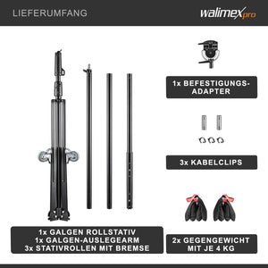 Stativo a giraffa con rotelle e contrappeso, treppiede regolabile in altezza da 140 a 450 cm, per telecamera con braccio da 290 cm orientabile e inclinabile