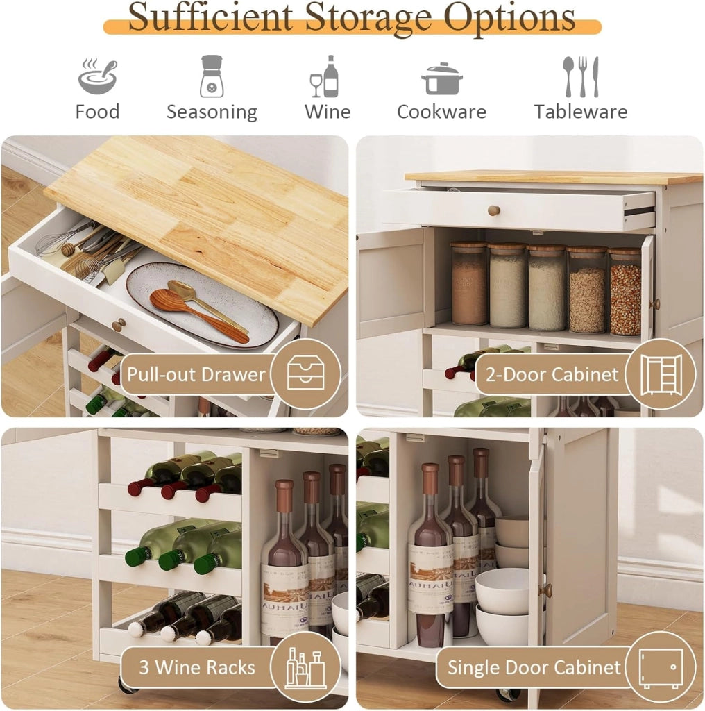 Carrello da Cucina Interno e Esterno, 1 Cassetto + 3 Ante + 3 Porta Vino, Credenza Mobile con 2 Ruote Bloccabili, Salvaspazio, Portata di 30 kg, 67x37x86 cm, 2 Colori (Bianco)