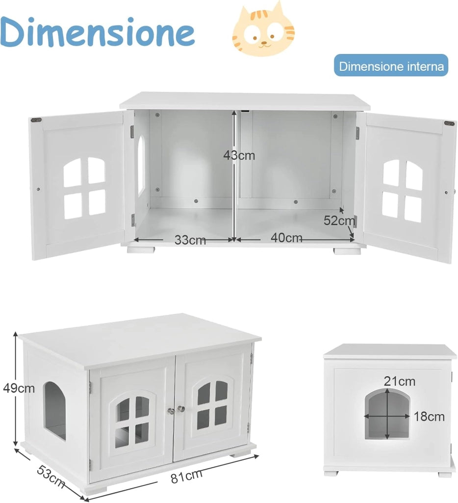 Casetta-comodino per Gatti con Doppie Porte e Finestre, Casetta Decorativa Ventilata per Domestici, 81 x 53 x 49 cm (Bianco)