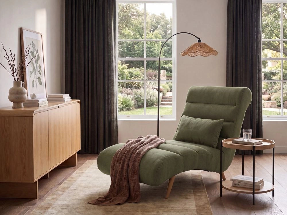 Chaise longue in tessuto verde per soggiorno, per il relax, con gambe effetto legno, stile scandinavo moderno