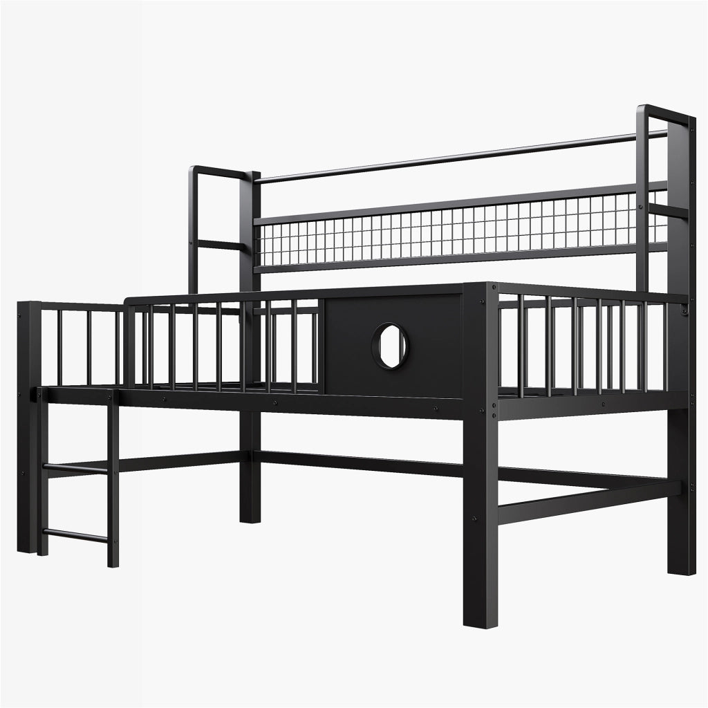 Letto a soppalco basso per bambini 90 × 200 cm con sbarre di sicurezza, ripiano e asta appendiabiti, senza materasso, nero