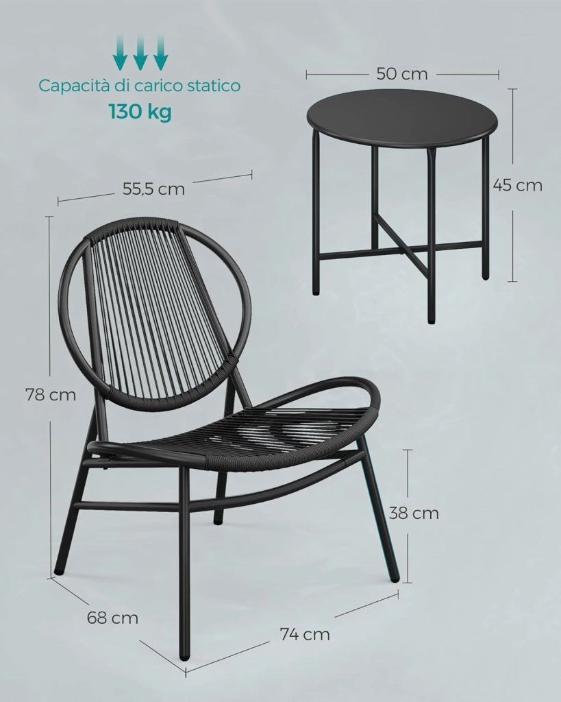 SONGMICS Set di 3 Mobili da Giardino Trattoria, Sedie Acapulco, Sedie da Esterno, Tavolino e 2 Sedie, Set di Mobili per Interni ed Esterni, Portico del Balcone, Nero Inchiostro GGF021B01