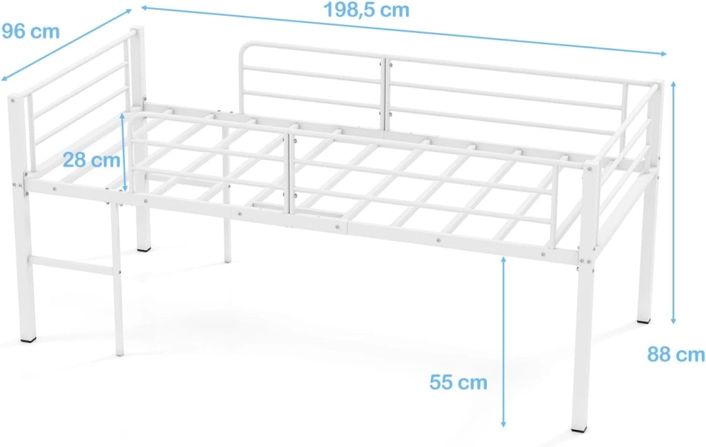 Letto a Castello in Metallo, Letto per Bambini con Protezione Anticaduta e Scala su Entrambi i Lati, Letto per Ragazzi con Rete a Doghe e Ampio Spazio Giochi/Ripostiglio sotto Letto (Bianco)