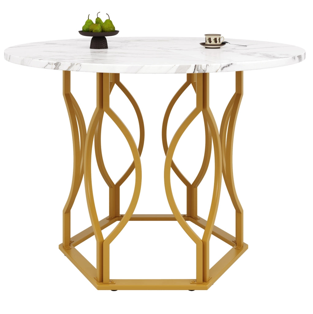 Tavolo da pranzo 100x100x76 cm con piedini regolabili in MDF e metallo dorato e bianco
