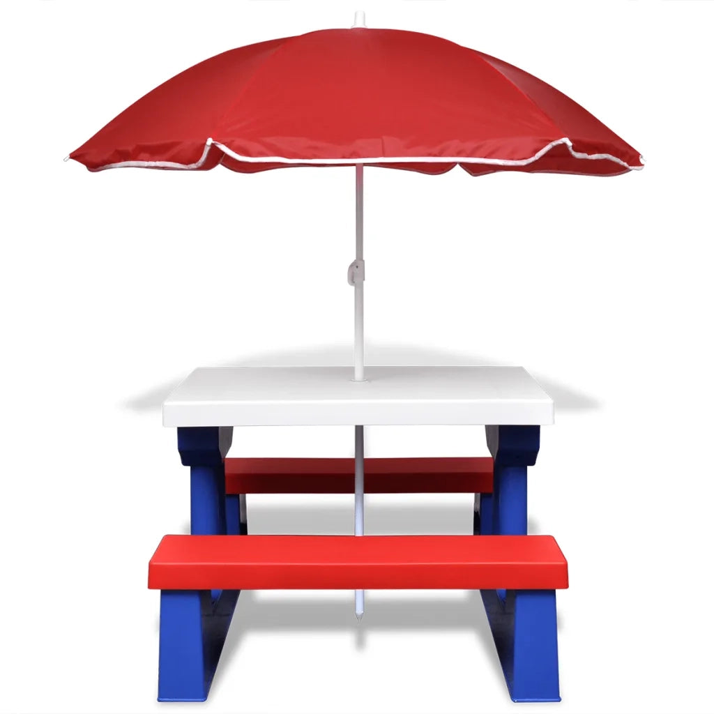 Tavolino da Giardino | Tavolo e Panchine Picnic per Bambini con Parasole Multicolore