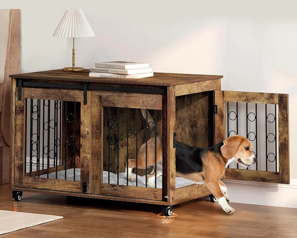 100cm Gabbia per Cani da Interno, Kennel Cane Medio Grande con 2 Porte e Ruote 360° Casetta Gabbia Movibile per Cani, Gabbie per Cane Arredamento in Legno Marrone Vintage 100x56x65cm