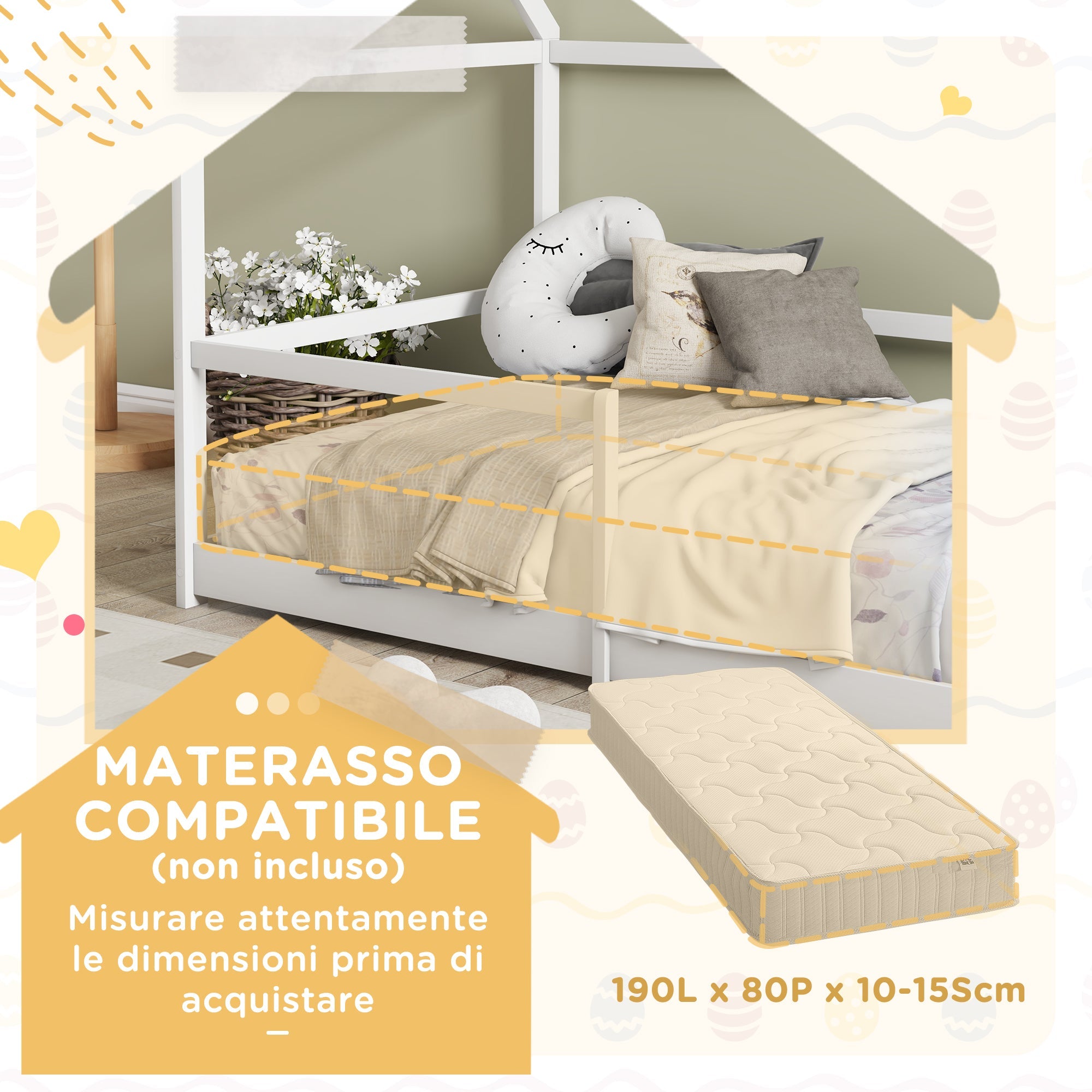 Letto per Bambini con Sponde di Protezione a Forma di Casetta 196x97,5x135 cm Bianco