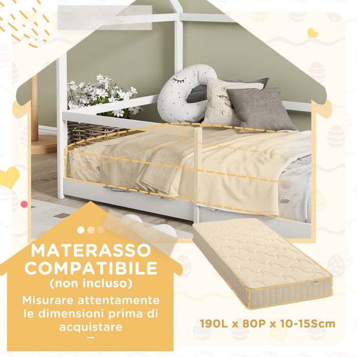 Letto per Bambini con Sponde di Protezione a Forma di Casetta 196x97,5x135 cm Bianco
