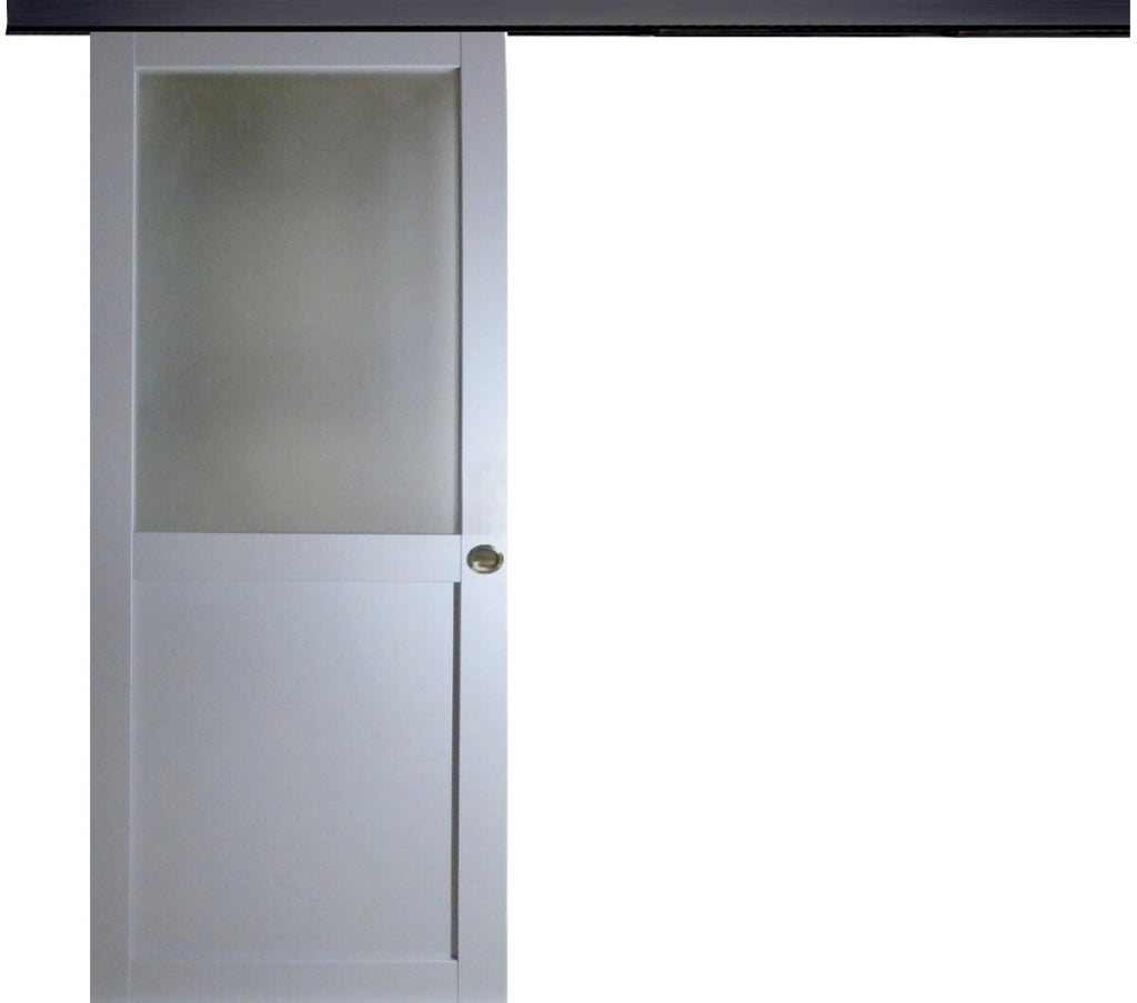 Porta scorrevole Athena Style Atelier En Enrobe Gris Clair Largeur 73 + Rail Alu Bandeau Noir + 2 Coquilles Posees