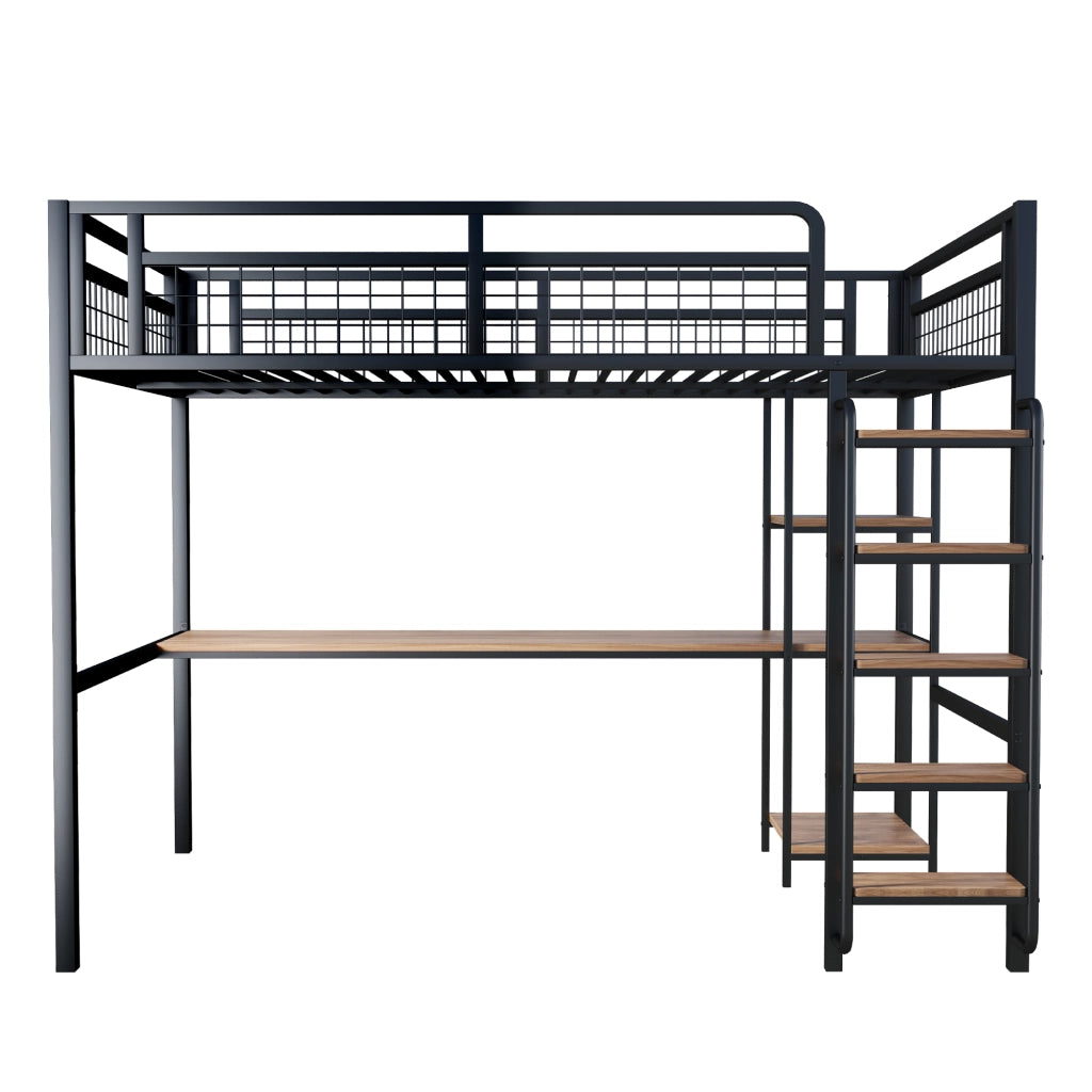 LETTO A CASTELLO 140x200 cm in metallo nero con tavolo e ripiani