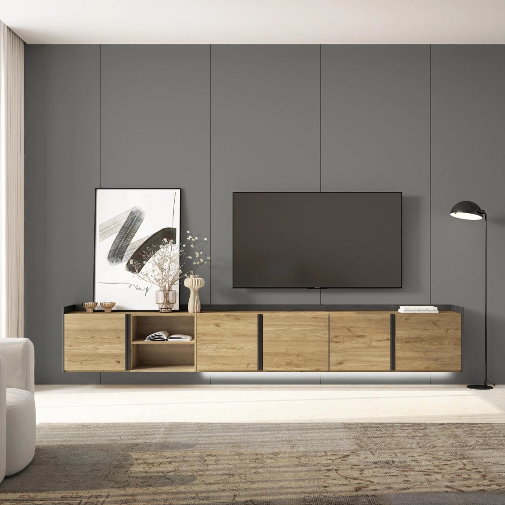 Mobile TV Soggiorno, 309x50x35 cm, Per TV fino a 80", Sospeso, da appendere, LED, Rovere e nero