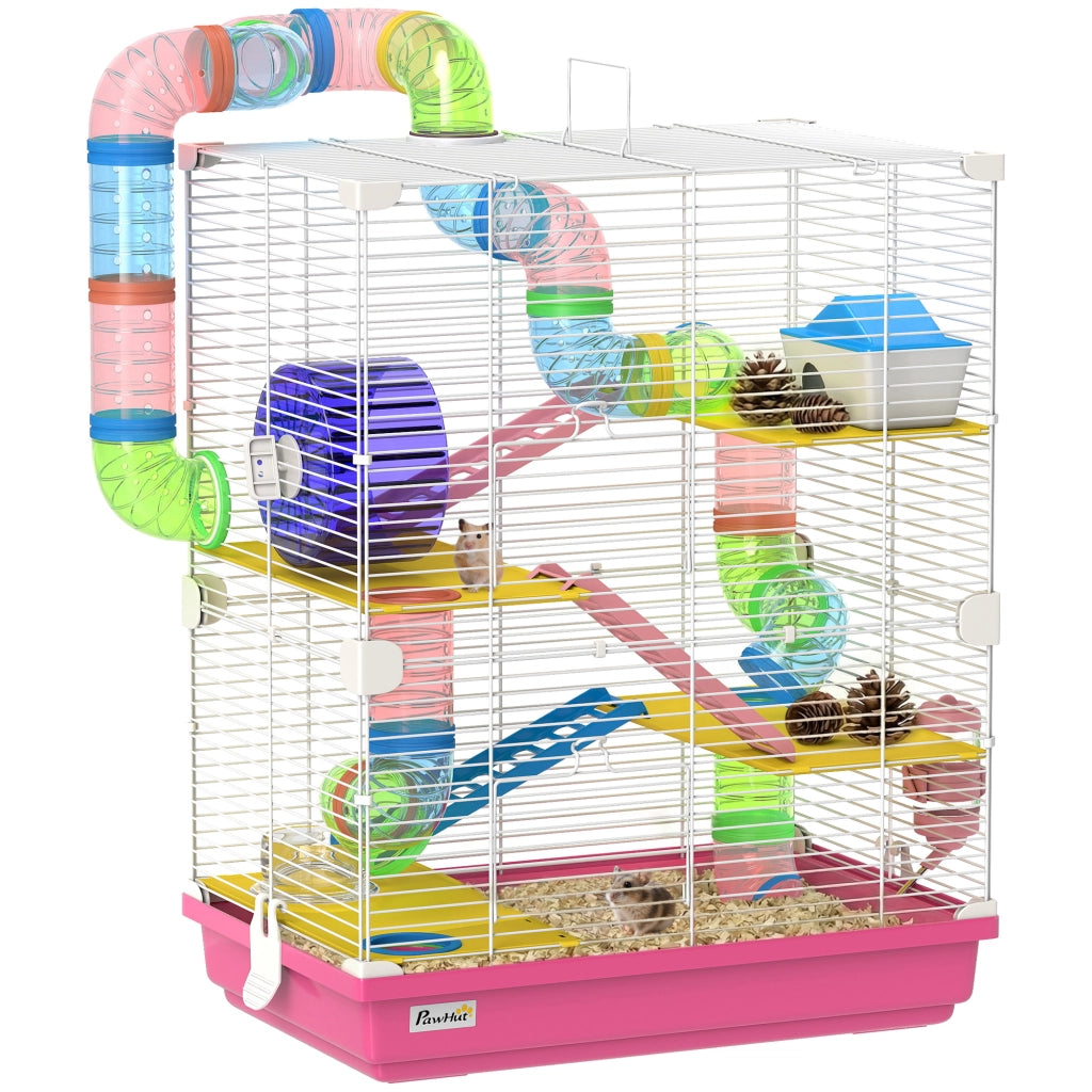 Gabbia per Criceti con Tunnel Piattaforme Ciotola Abbeveratoio Casetta Rampe Ruota ¨C Xylo ¨C Rosa 46x30x58cm
