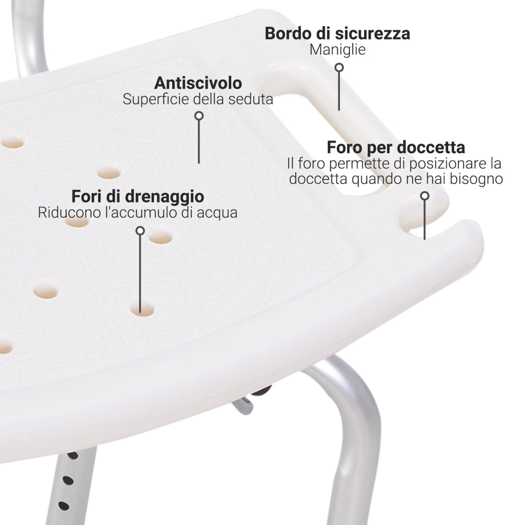 EasyComfort Sedile da doccia con schienale Ausilio da vasca, Sedia Doccia Altezza Regolabile 8 Posizioni Antiscivolo