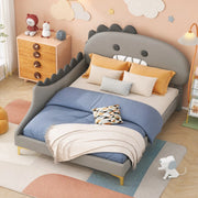 Letto per bambini 140x200 cm a forma di dinosauro cartoon, in PU e MDF grigio