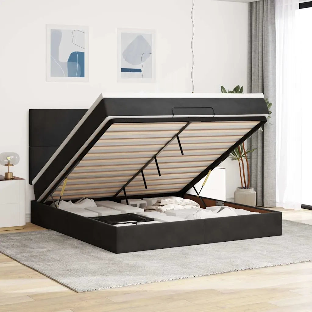 Struttura Letto Pouf con Materassi Nero 160x200 cm in Velluto 3313411