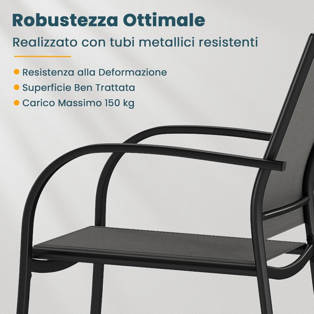 Set di 2 Sedie da Giardino, Sedie da Pranzo Impilabili in Metallo, con Seduta e Schienale Traspiranti, Poltrona Esterno per Giardino Piscina Balcone, Portata 150 kg