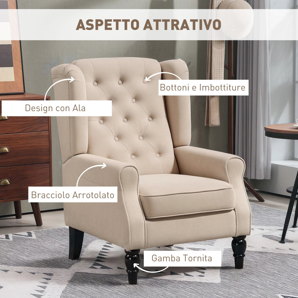 Poltrona per Salotto in Stile Francese con Seduta Imbottita e Cuscini, in Velluto di Ghiaccio, 74x86x102 cm, Beige