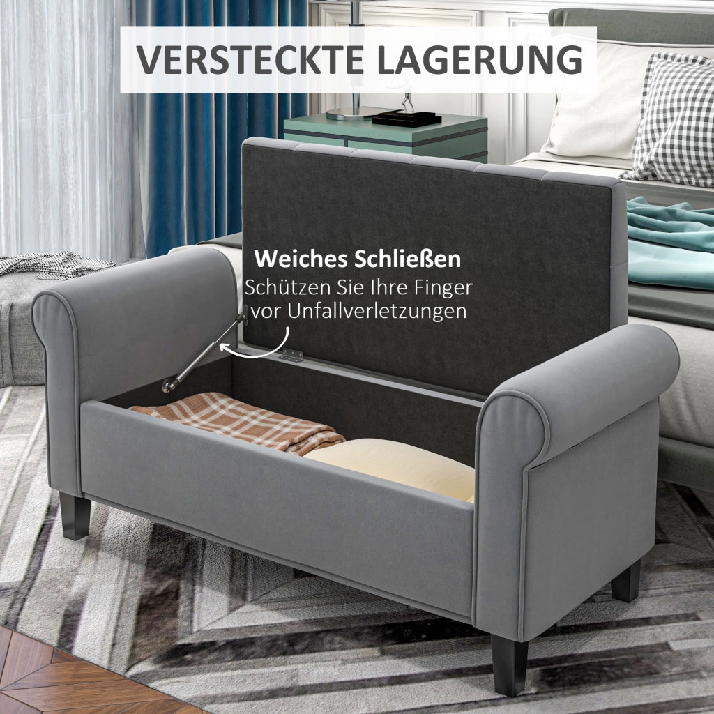 Panca contenitore con seduta imbottita in tessuto effetto velluto e dettagli trapuntati grigia 126 × 48,5 × 57 cm