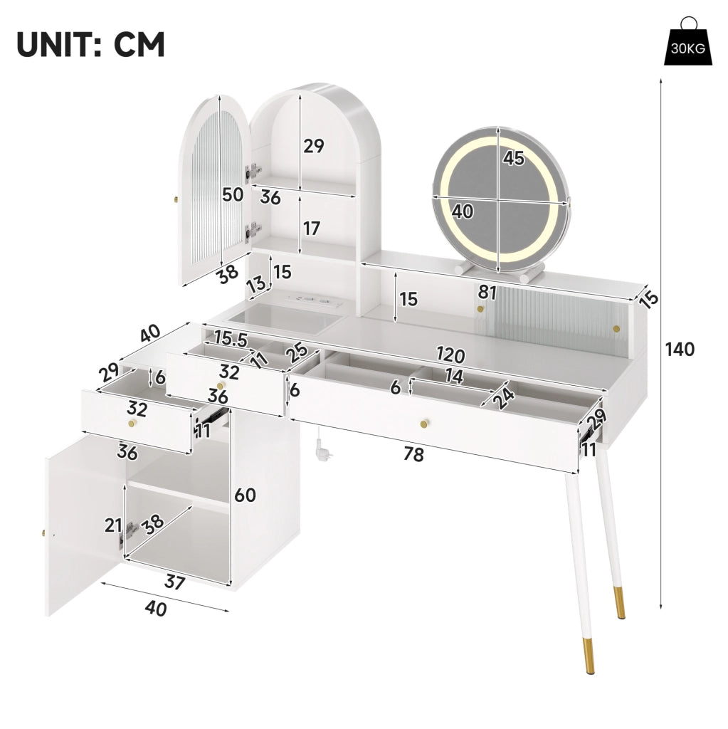 Toeletta con specchio LED; USB Type-C e 2 prese; 3 cassetti; 140x40x140 cm; bianco