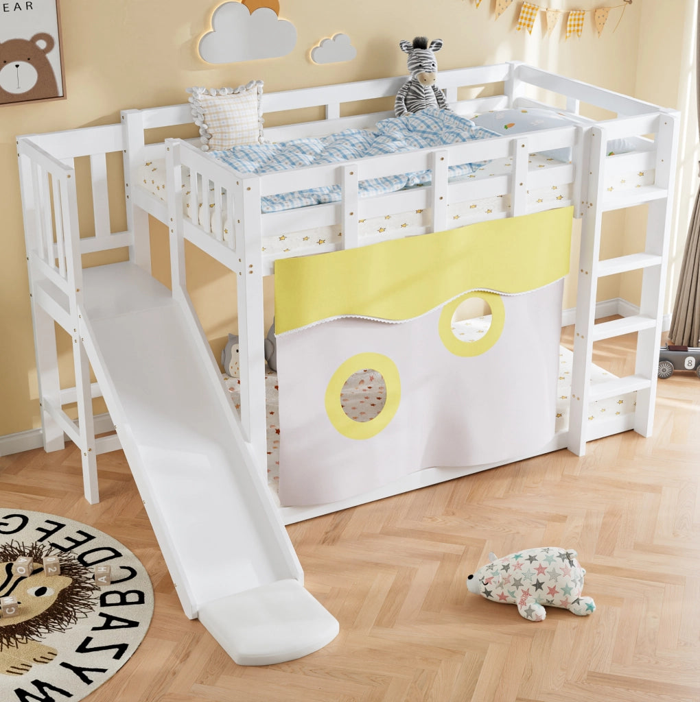 Letto a soppalco ULEVR 90x200 cm con scala, scivolo, tende e sponde di sicurezza, bianco
